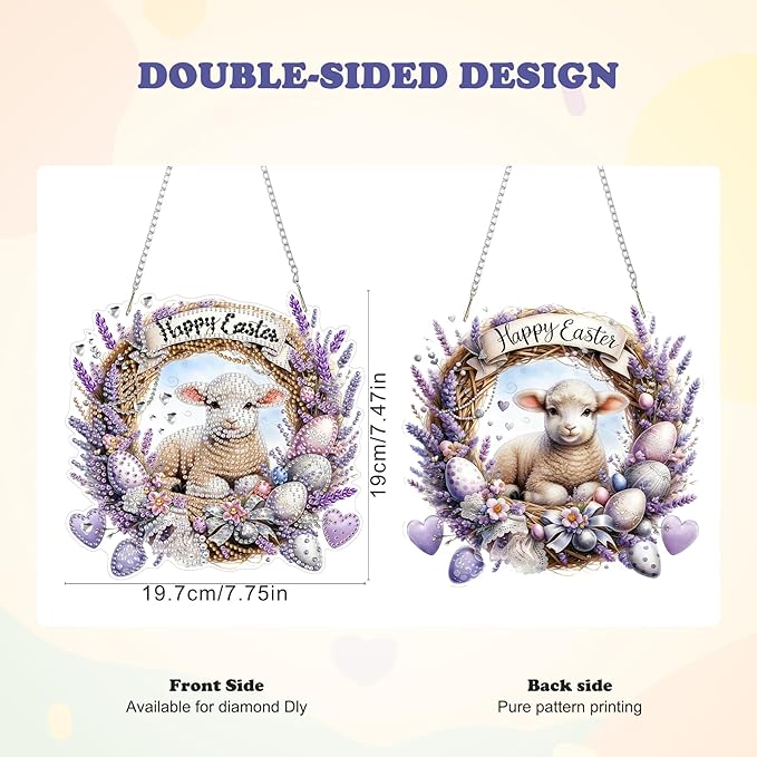 HEIBAGO Easter Lamb Diamond Art Hanging Kits for Adults, Diamond Art Suncatchers Sheep, 5D Special Shape Diamond Painting Pendant, DIY Window Ornament Gifts for Home Garden Door Wall Decor 8.3 x 8.3In