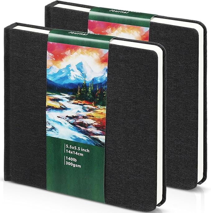 Dispowreath 2 Pcs 5.5 x 5.5 in Watercolor Sketchbook Journal Square Watercolor Notebook Cold Press 140lb 300gsm Cotton Paper 48 Pages Journals Notebook Paper Pads(Black)