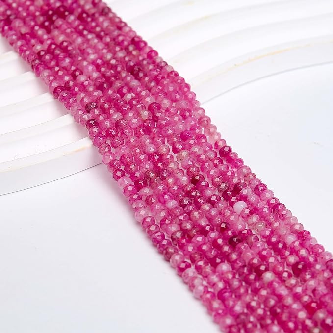 2 Strands Colored Pink Tourmaline Jade Beads for Jewerly Making, 3 * 4mm Faceted Rondelle Gemstone Crystal Beads for DIY Bracelet Necklace Crafts
