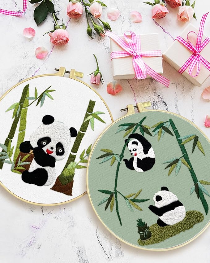 ERKOON 4 Sets Embroidery Kit for Beginners, Animal Cross Stitch Set for Adult Include Embroidery Cloth Hoops Threads for Craft Lover Hand Stitch (Panda)