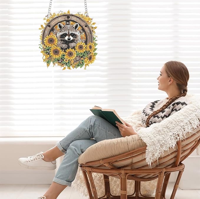 Bimkole Raccoon Diamond Art Hanging Kit for Adult, DIY 5D Sunflowers Diamond Art Painting Window Pendant, Acrylic Crystal Art Hanging Ornament for Wall Home Garden Front Door Decor - 7.8x7.8 Inch