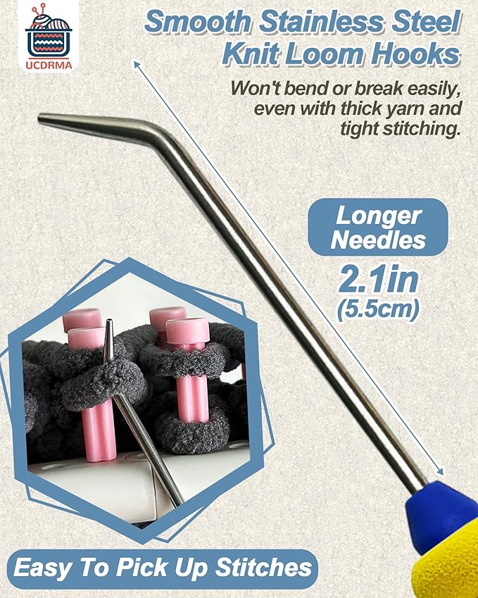 UCDRMA Knitting Loom Hook with Soft Grip, More Comfortable Loom Knitting Hook for Arthritic Hands, 6PCS Longer Loom Crochet Hooks (5.5in) Stainless Steel Yarn Loom Hooks with 12 Sewing Needles (S)
