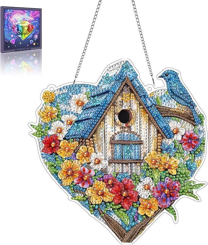 Wergund 5D DIY Birdhouse Diamond Art Hanging Kits, Hanging Diamond Art Bird, Acrylic Special Shaped Rhinestone, Window Hanging Pendants for Home Wall Garden Front Door Outdoor Decor Gift(Birdhouse)