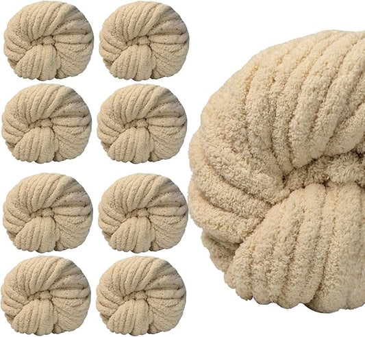 SUNTQ 8 Pack Jumbo Chunky Chenille Yarn for Crocheting, Bulky Thick Fluffy Yarn for Hand Knitting Blanket, Soft Plush Knitting Yarn for Scarf,Home Decor, Khaki(32 yds,8.8 oz Each Skein)