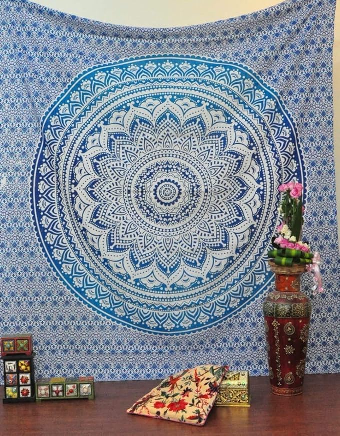 popular handicrafts tapestry wall hanging hippie ombre mandala bohemian hippy psychedelic design indian tapestries bedspread 30 x 40 inches (76 x 101 cms), blue