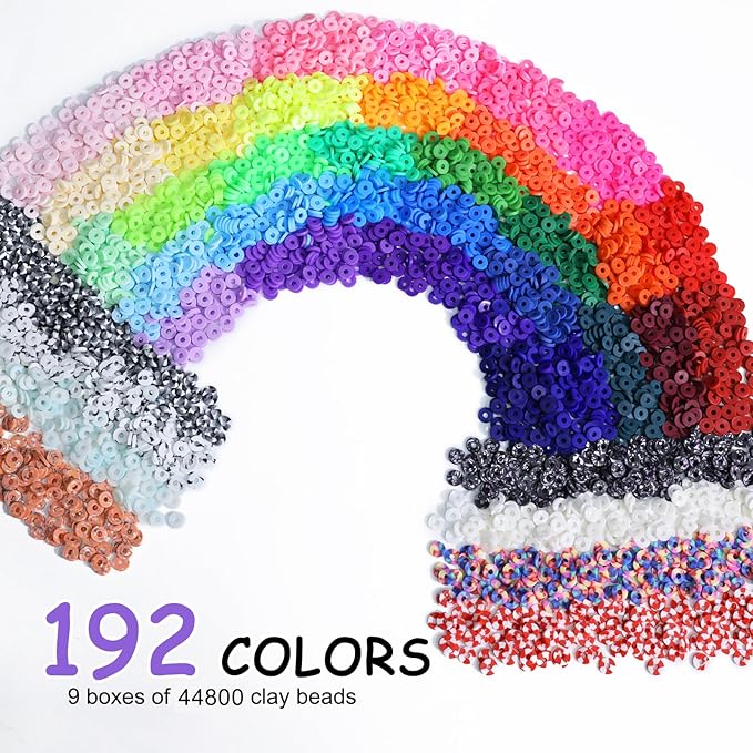 Redtwo 46000 Pcs Clay Beads Friendship Bracelet Making Kit, 192 Colors 9 Boxes Flat Polymer Clay Heishi Beads Set for Jewelry Making with Letter Bead Elastic String, Gifts for Girls 8-12