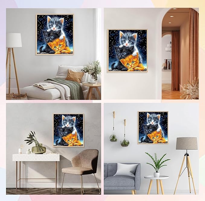 QENSPE Diamond Painting Art Kits for Adults, DIY Three Kittens Full Drill Diamond Art Kits for Beginners, 5D Night Sky Round Diamond Dots Paintings Gem Crystal Crafts Home Wall Decor Gifts 30x30cm