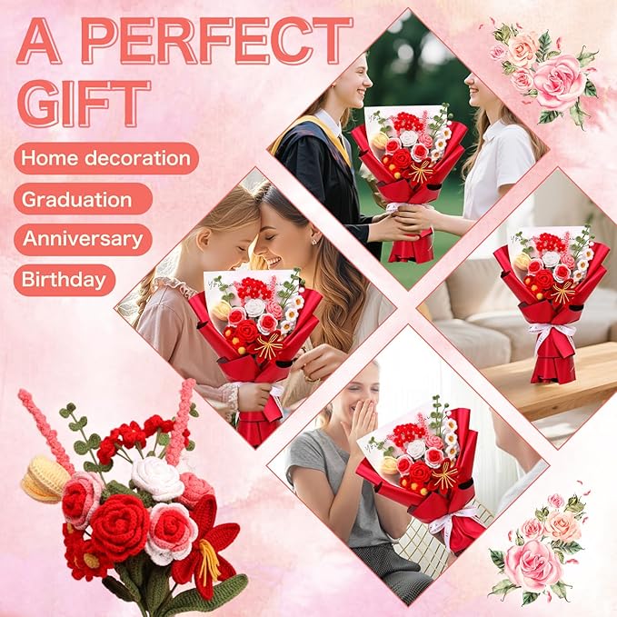 Iuuidu Crochet Kit for Beginners, Flower Bouquet Crochet Kit Rose, Crochet Starter Kit for Beginners with Step-by-Step Video Tutorials for Birthday Anniversary Day Present, Home Decor (Red)