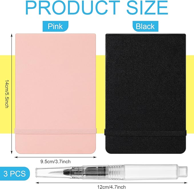 Teling 2 Pcs Watercolor Sketchbook with 3 Brush Pens 5.5" x 3.7", 140lb/300gsm Paper, Small Portable Travel Watercolor Journal, Pocket Notebook with Folding Pockets, Tear Away Pages with Dotted Line