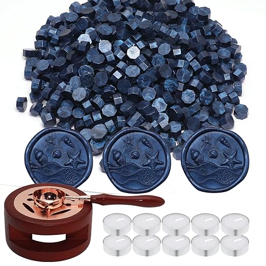 Wax Seal Beads Kit - 300pcs Navy Blue Sealing Wax Beads with Wood Melting Warmer, Spoon & 10 Mini Candles for Stamp Seals, Wedding Invitation, Envelope, Cards, Gift Wrapping Decorations
