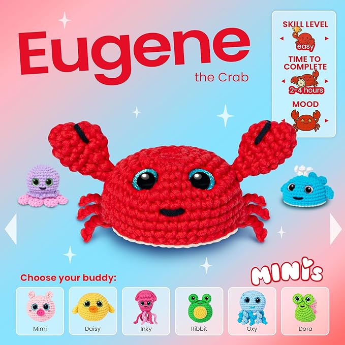 Cookie Box MINIs Crochet Kit for Beginners – Gift Set to Make Crab Eugene Amigurumi Plushie – Easy DIY Crochet & Knitting Starter Kit with Printed Instructions & Step-by-Step Video Tutorial