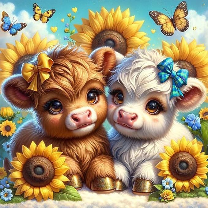 GEEHEIY Highland Cow Diamond Art Kits for Adults, 5D Cow Diamond Painting Kits for Beginner, DIY Sunflower Gem Art Dots for Adults, Perfect for Home Wall Decor 14x14 Inch
