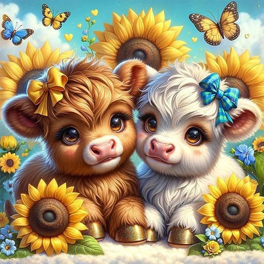 GEEHEIY Highland Cow Diamond Art Kits for Adults, 5D Cow Diamond Painting Kits for Beginner, DIY Sunflower Gem Art Dots for Adults, Perfect for Home Wall Decor 14x14 Inch