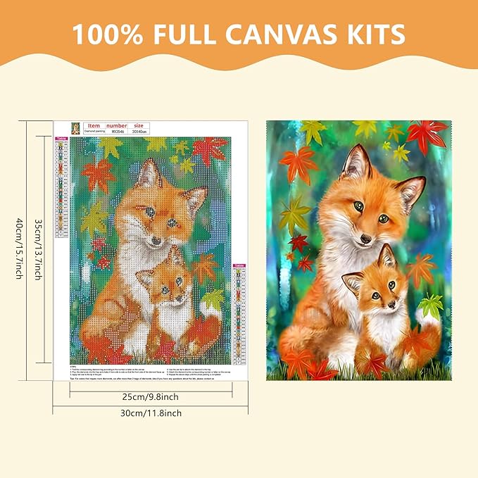 SENQAO Fox Diamond Painting Kits for Adults, Animal DIY Diamond Art Kits Full Round Drill Fox Diamond Art Kit for Kids Beginners, Crystal Picture Gem Art for Home Wall Decor 12x16In