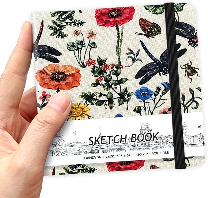 5" x 5" Hardcover Sketch Book,Small Mixed Media Sketch Pad,58 Sheets 150GSM Acid-Free Artist Drawing Paper,Travel Journal Blank Notebook for Adults Painting,Illustration,Art Supplies.Dragonfly