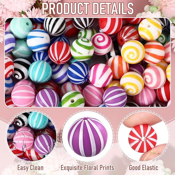 Ferreve 120 Pcs 15mm Silicone Beads Bulk Silicone Beads Print Rubber DIY Bracelet Making Kit for Keychain Making Pens Necklace Jewelry (Striped)