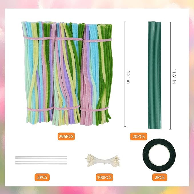 300 Pcs Thick Pipe Cleaners,Craft Supplies Floral Bonquet,DIY Flower Making Kit for Starter with Floral Wires, Gardening Tape,Stamen (7-Rainbow Macaron Palette)