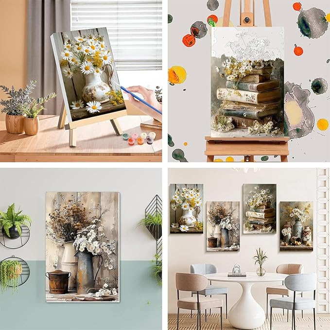 4 Pack Paint by Numbers for Adults with Framed Canvas - with Wooden Easel, Vintage Flower Paint by Number, Daisy Rustic Flowers Acrylic Oil Painting on Canvas with Brush for Home Wall Decor 8x12 inch