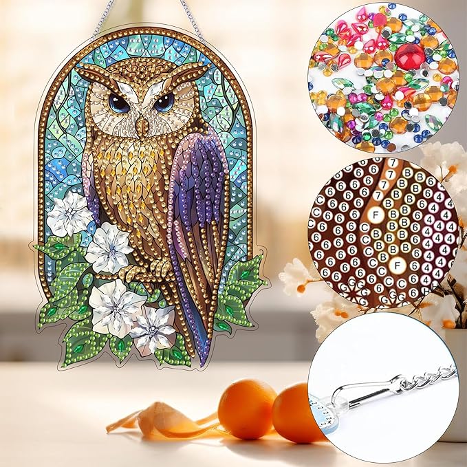 Bimkole Eagle Diamond Art Hanging Kit for Adult, DIY 5D Diamond Art Flower Window Pendant, Acrylic Crystal Art Hanging Ornament Home Wall Garden Front Door Sign Outdoor Decor 7.8x7.8 Inch