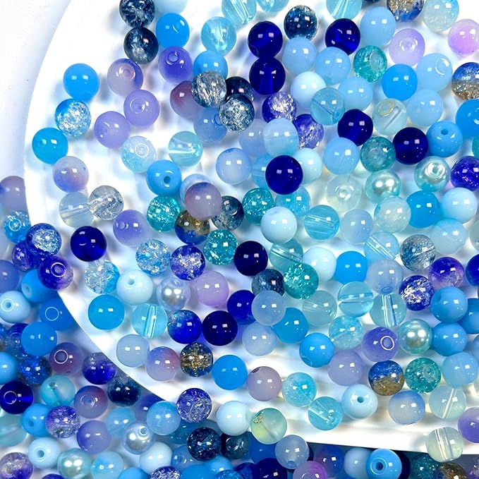300pcs 8mm Glass Beads, 24 Colors Assorted Glass Beads for Jewelry Making, Blue Series Round Spacer Bead Kit for Bracelet Necklace DIY Craft