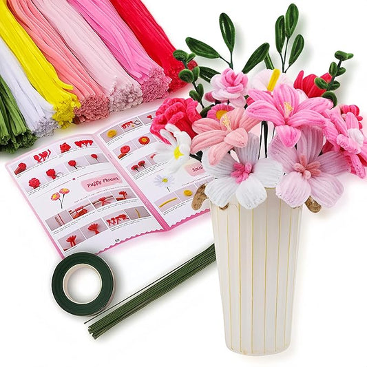 HUEYTON 450Pcs Pipe Cleaners Pink Flower Bouquet Craft Kit, Assorted Pink Chenille Stems for DIY Art, Ideal for Party Decor, Home Accents & Handmade Gifts