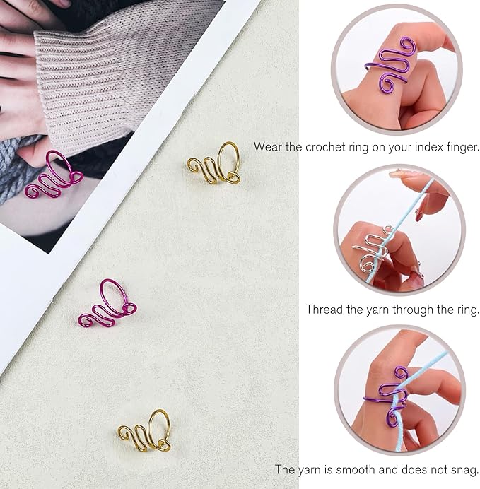 Ceemiaa 4pcs Adjustable Peacock-Shape Crochet Yarn Tension Rings – Gold & Rose Red Finger Yarn Guides for Knitting and Crocheting