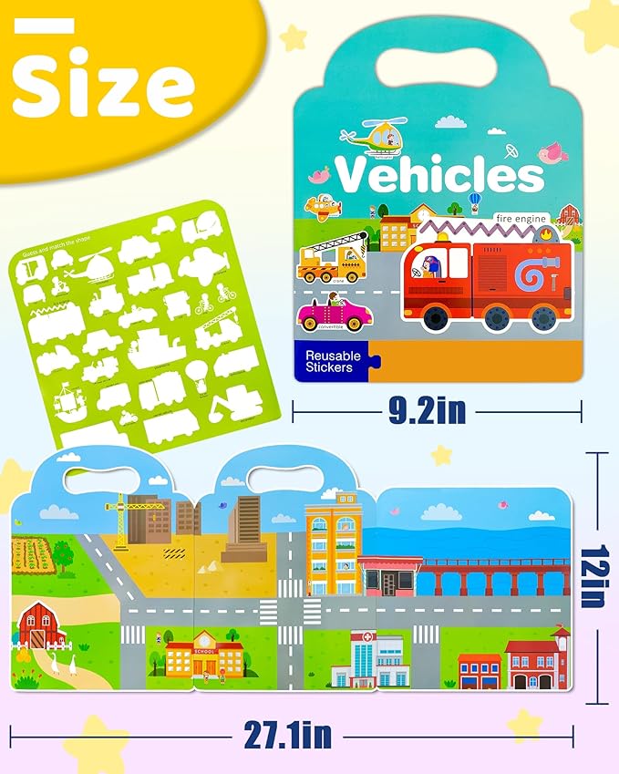 benresive reusable sticker books for kids, sticker books for toddlers, toddler travel toys activities crafts ages 3 and up birthday gifts - vehicle