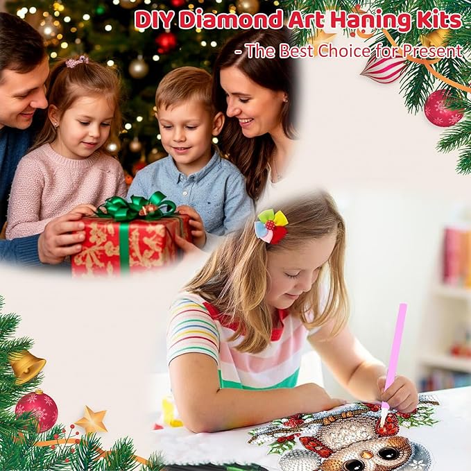 MEIYUDA Christmas Owl Diamond Art Hanging Kits for Adult, Cute Winter Owl Diamond Painting Hanging Kits Ornaments, DIY Special Shaped Rhinestone Window Pendants kit for Home Garden Wall Decor Gift