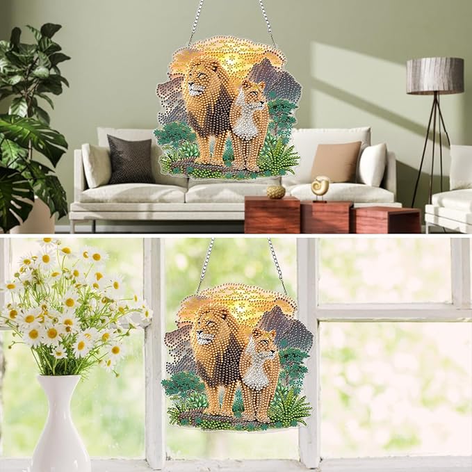 MXJSUA Lions Animals Diamond Art Hanging Kits for Adults Beginners, DIY Acrylic Special Shaped Crystal Animals Diamond Gem Art Pendant Drills Painting Ornament for Home Wall Decor and Gift