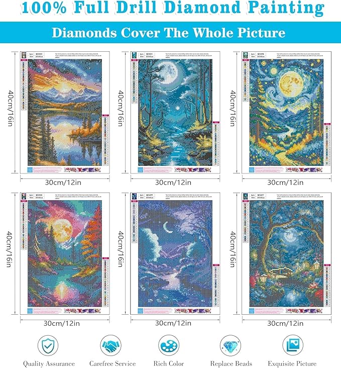 Meothan 6 Pack Diamond Painting Kits Moon Landscape Diamond Art Kits for Adults Beginners, 5D DIY Full Round Drill Paint with Diamond Dots Gem Art Set for Home Wall Decor 12 x 16 Inch