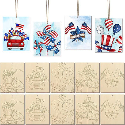 COCHIE 10 Pieces Large 4th of July Unfinished Wood Crafts to Paint for Adults, Bulk Predrilled Wooden Ornaments for Painting, Independence Day Paintable Wood Slices Craft Supplies with Ropes