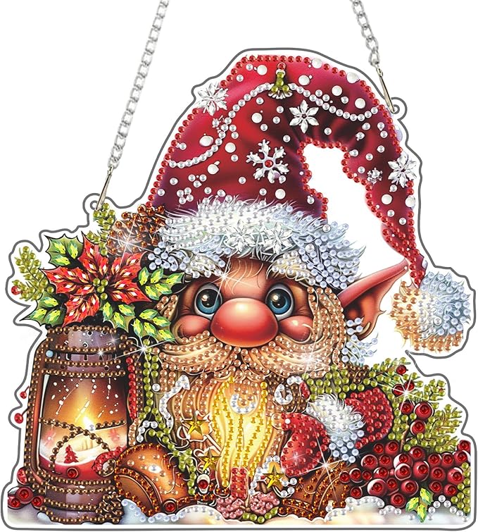 DOMROM Gnome Diamond Art Hanging Kits for Adults Beginner, Christmas Special Shaped Crystal Diamond Painting Gnome Pendant, DIY Diamond Art Suncatchers for Home Garden Wall Decor Gift