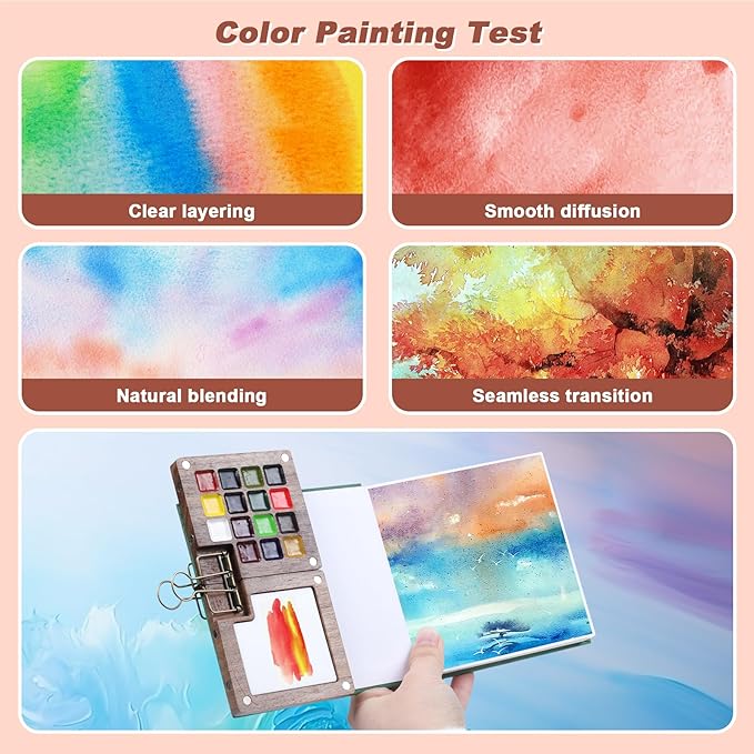 Mini Watercolor Paint Set, Portable Travel Art Kit with Wooden Palette, 15 Colors Pigments, Watercolor Pad, Water Brush Pens and Accessories for Artists