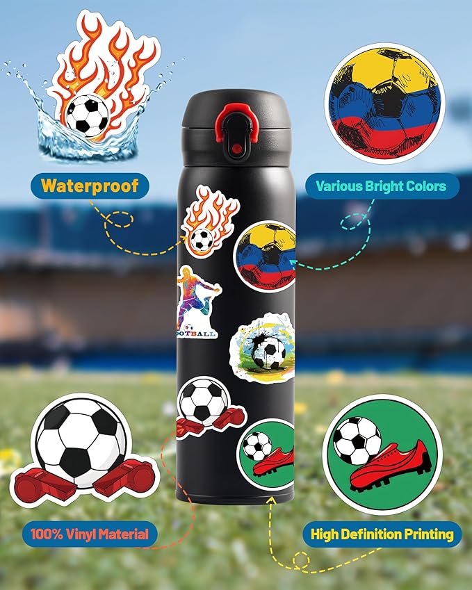 pcnearty 100 pcs sport stickers for kids, soccer water bottle stickers, vinyl waterproof laptop sticker for water bottle, bulk sticker packs for boys kids classroom prizes for elementary students
