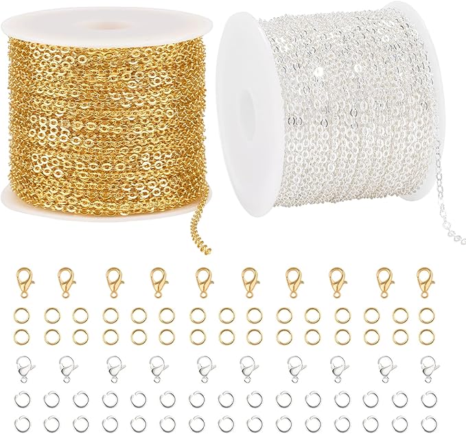 Crisjanggo 2 Rolls Total 65.6 Feet Chain for Jewelry Making Gold and Silver Stainless Steel Cross Chains Bulk with Jump Rings and Lobster Clasps for Bracelet Necklace DIY Supplies