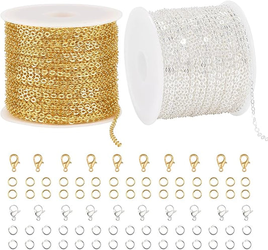 Crisjanggo 2 Rolls Total 65.6 Feet Chain for Jewelry Making Gold and Silver Stainless Steel Cross Chains Bulk with Jump Rings and Lobster Clasps for Bracelet Necklace DIY Supplies