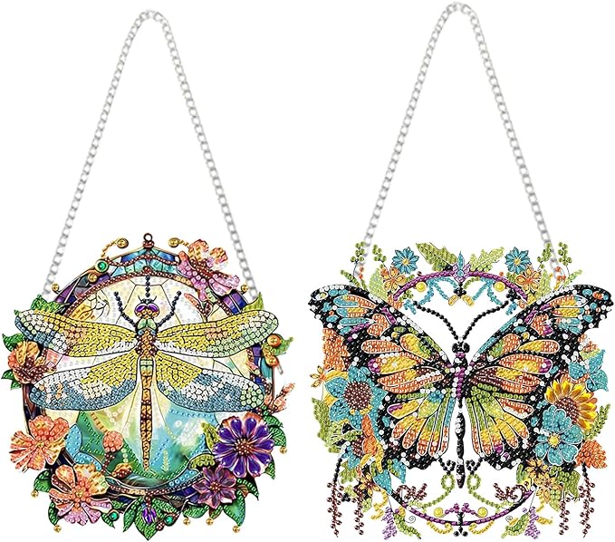 2 PCS Hanging Diamond Art Pendant Painting Kit Butterfly And Dragonfly, Special Crystal Gem Craft Painting Set ,Hanging Diamond Painting Art Wind Hanging for Home Window Door Decor(7.87X7.87 in)