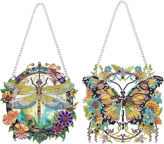 2 PCS Hanging Diamond Art Pendant Painting Kit Butterfly And Dragonfly, Special Crystal Gem Craft Painting Set ,Hanging Diamond Painting Art Wind Hanging for Home Window Door Decor(7.87X7.87 in)