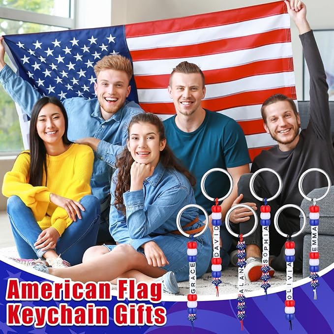 Landical 564 Pcs 4th of July Keychain Craft Kit DIY Patriotic Bead Keychain Making Supplies 250th Anniversary Key Gifts Name Beads Red Blue White Independence Day Memorial Day American Flag Favors