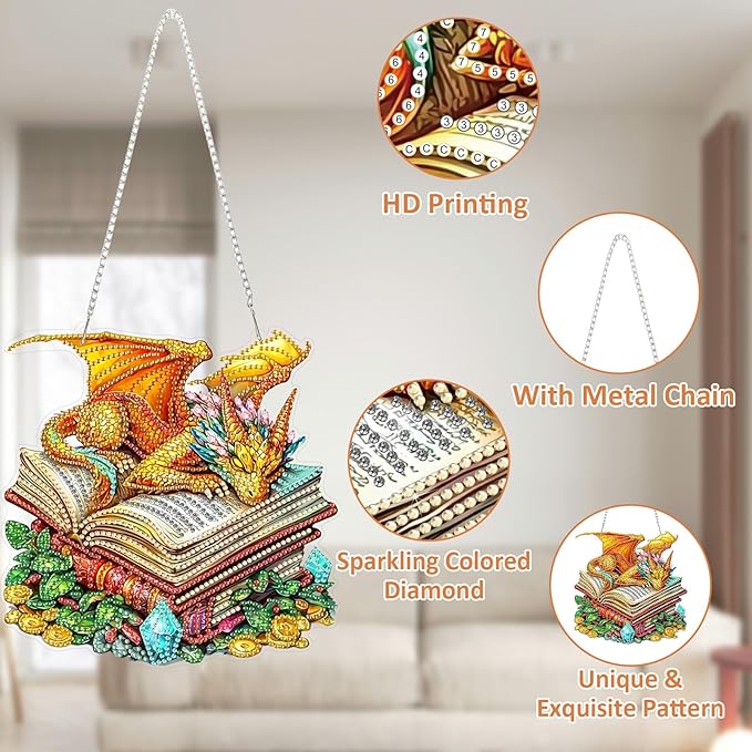 SENQAO Dragon Diamond Art Hanging Kit for Adult, Special Shaped Rhinestone, DIY Acrylic 5D Diamond Art Painting Window Pendants Home Garden Wall Hanging Kits Hanging Ornament