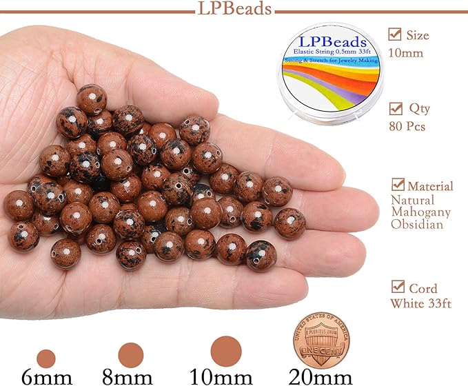 LPBeads 80Pcs Polished 10mm Round Natural Mahogany Obsidian Gemstone Loose Beads with Stretch Cord for Jewelry Making Bracelets