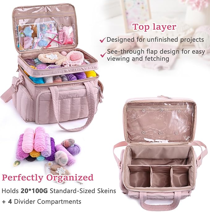 MYBAGZING Large Knitting & Crochet Bag Organizer for Yarn Storage, Double-Layer Knitting Project Bag with 6 Grommets, Yarn Organizer Tote for Knitting Supplies Crochet Hooks & Accessories Gift for Mom