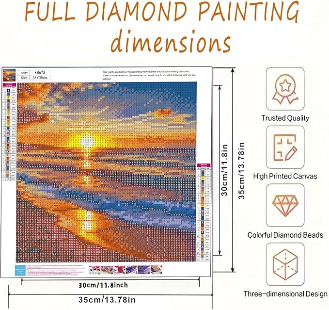 BYGFHLYW 5D Diamond Painting Kits for Adults Beginner, Sunset Landscape BeachDiamond Art Kits for Adults, Full Drill Round Gem Art Paint by Diamonds Dots Crafts Kits for Home Wall Decor 13.7x13.7inch