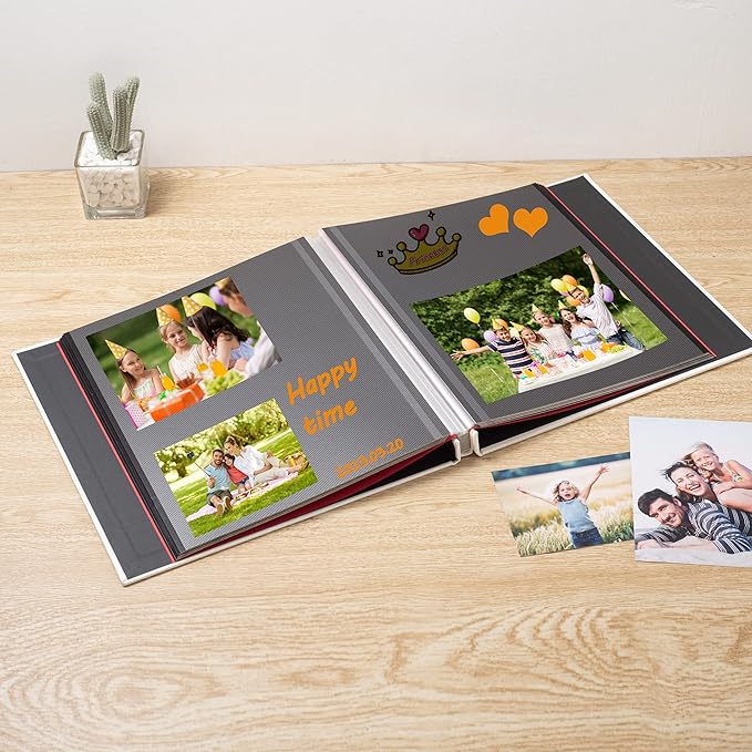Large Photo Album Self Adhesive 4x6 8x10 10x12 13"x12.6" Scrapbook Album 12.6"x11" Inch 60 Black Sticky Pages Linen Cover Magnetic Photo Album with A Metallic Pen and DIY Stickers(White)