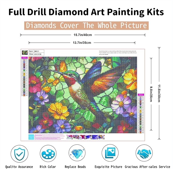 Hummingbird Diamond Art Paintings Flowers 5D Diamond Painting Kits for Adults Beginners DIY Stained Glass Diamond Art Kits Full Drill Gem Art Crafts for Adults Bird Wall Art Decor Gift 16x12 Inch