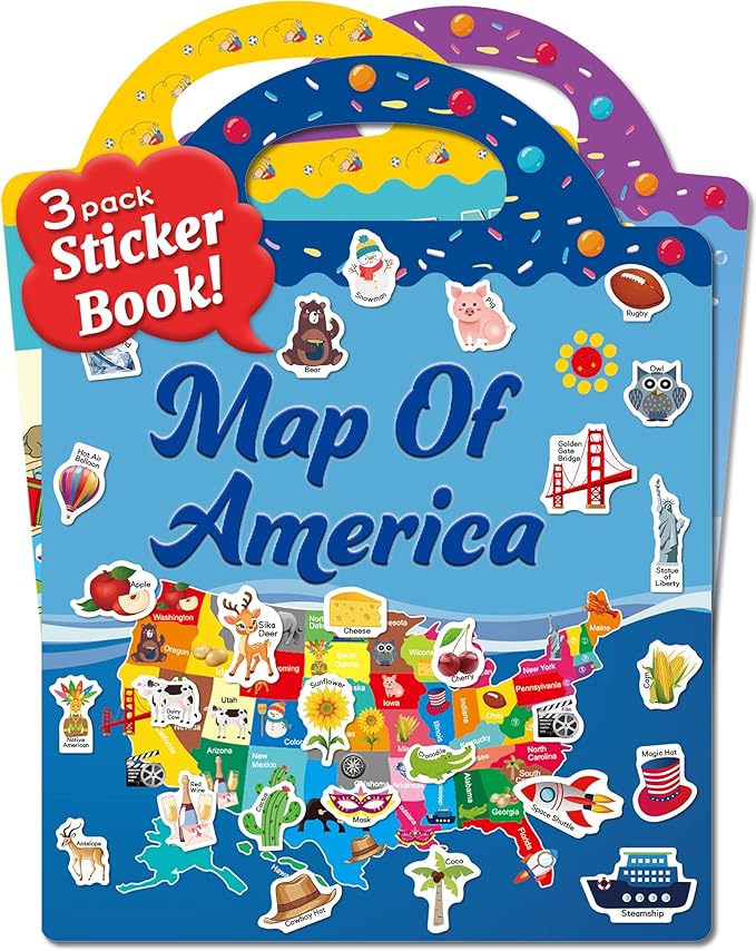 benresive reusable sticker books for kids, sticker books for toddlers, toddler travel toys activities crafts ages 3 and up birthday gifts - america map, fairy, my house