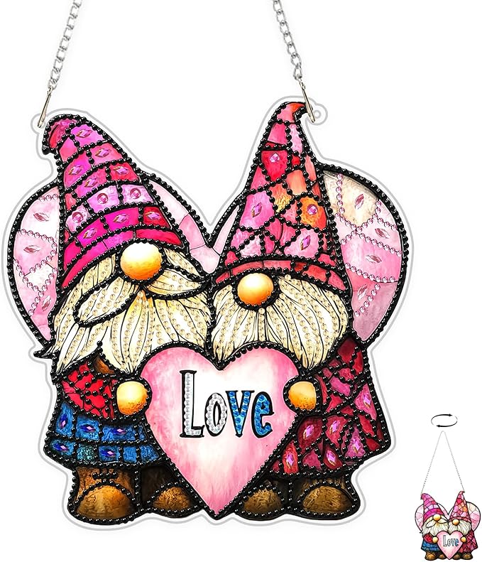 TOSTOG Diamond Art Hanging Kits for Adults, Couple Gnome Diamond Painting for Adults Window Pendant, Valentine Special Shape Diamonds Diamond Painting Hanging Pendant Kit for Home Couple Decor Gift