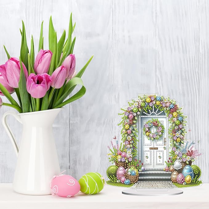 DIY Dot Diamond Desktop Easter Creative Ornaments Diamond Art Painting by Number Embroidery Arts and Crafts Easter for Home Office Garden Decoration (Single Side Dot Diamond)-#03-Easter