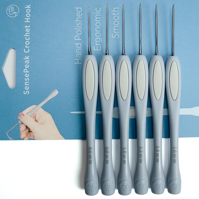 SensePeak Hand Polished Stainless Crochet Hook Set of 6 Pack, 0.6-1.6mm Chinese Traditional Design Ergonomic Stainless Steel Small Inline Pointy Crochet Hook for Arthritic Hands