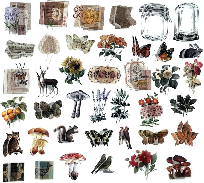 Esweny 200 Pieces Vintage Ephemera Scrapbooking Supplies Pack for Journaling, Decoupage Paper Scrapbook Stickers Kit for Junk Journal Planners Collage Craft Notebooks Album (Forests)